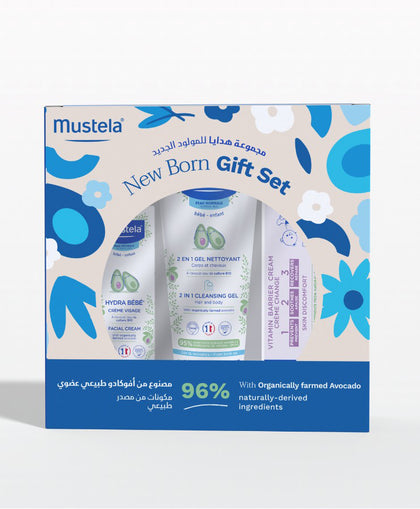 Mustela New Born Gift Set: gel 200 ml, yuz kremi va taglik ostiga krem