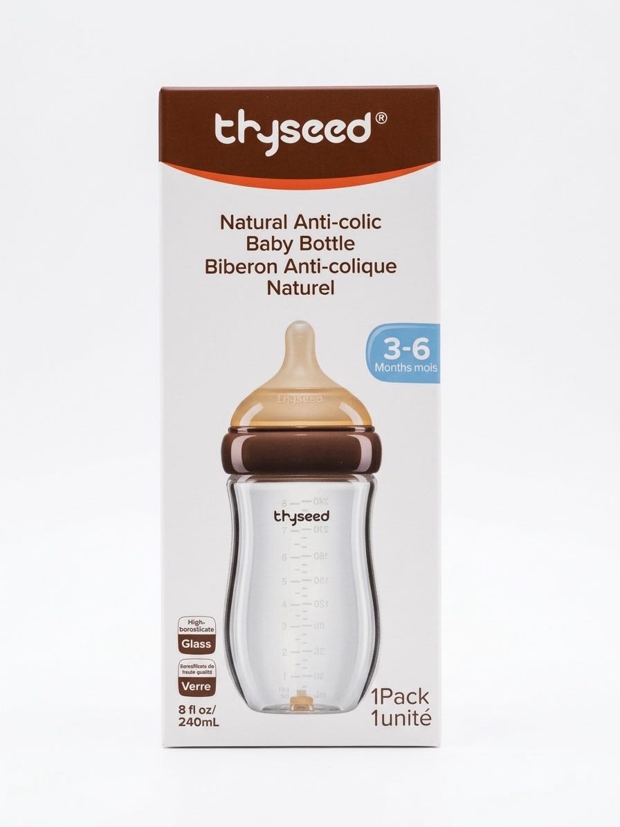 Бутылочка стеклянная Thyseed Natural Anti-colic, 160 и 240 мл, 0–6 мес