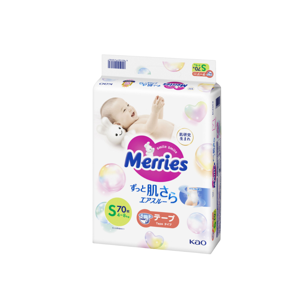 Подгузники Merries размер S 4-8 кг 70 шт мягкие дышащие