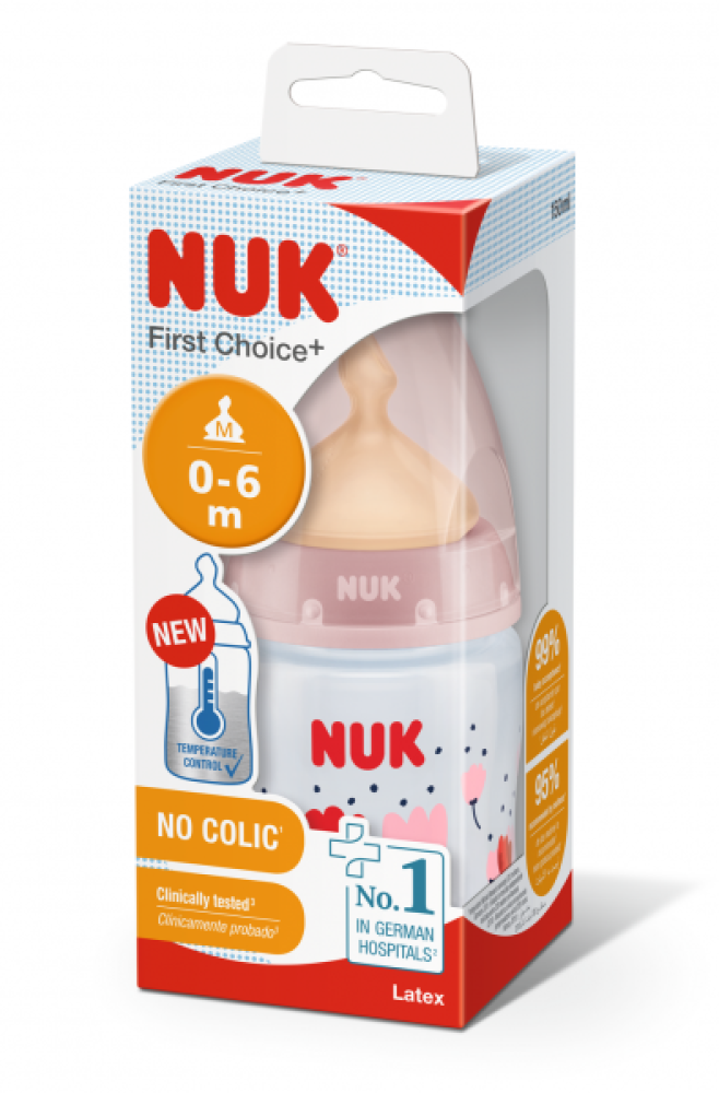 NUK First Choice+ butilkasi 150 ml, lateks so'rg'ich bilan