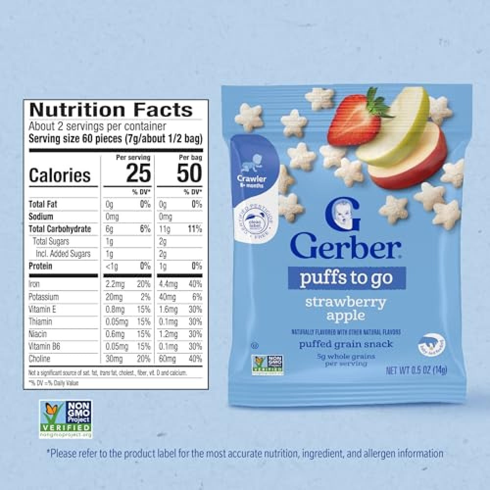 Bolalar uchun Gerber Puffs qulupnay-olma havo snacklari, 42 g, 8 oylikdan