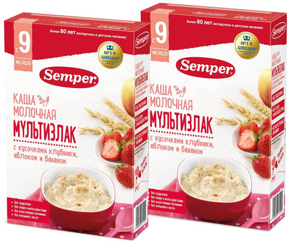 Semper sutli ko'p donli bo'tqa, qulupnay, olma, banan, 9 oylikdan, 180 gr