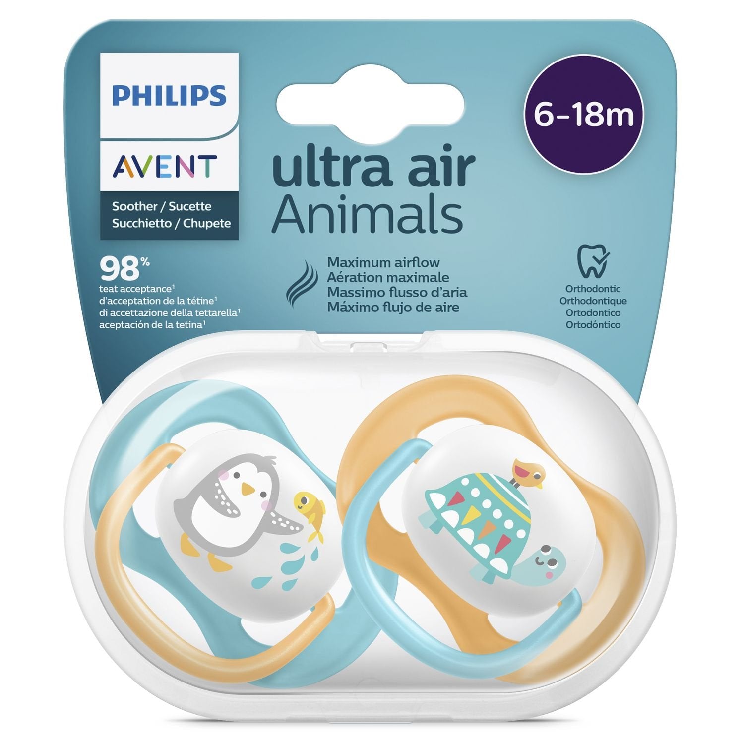 Пустышка Philips Avent Ultra Air 6-18 месяцев Пингвин Черепаха 2 шт