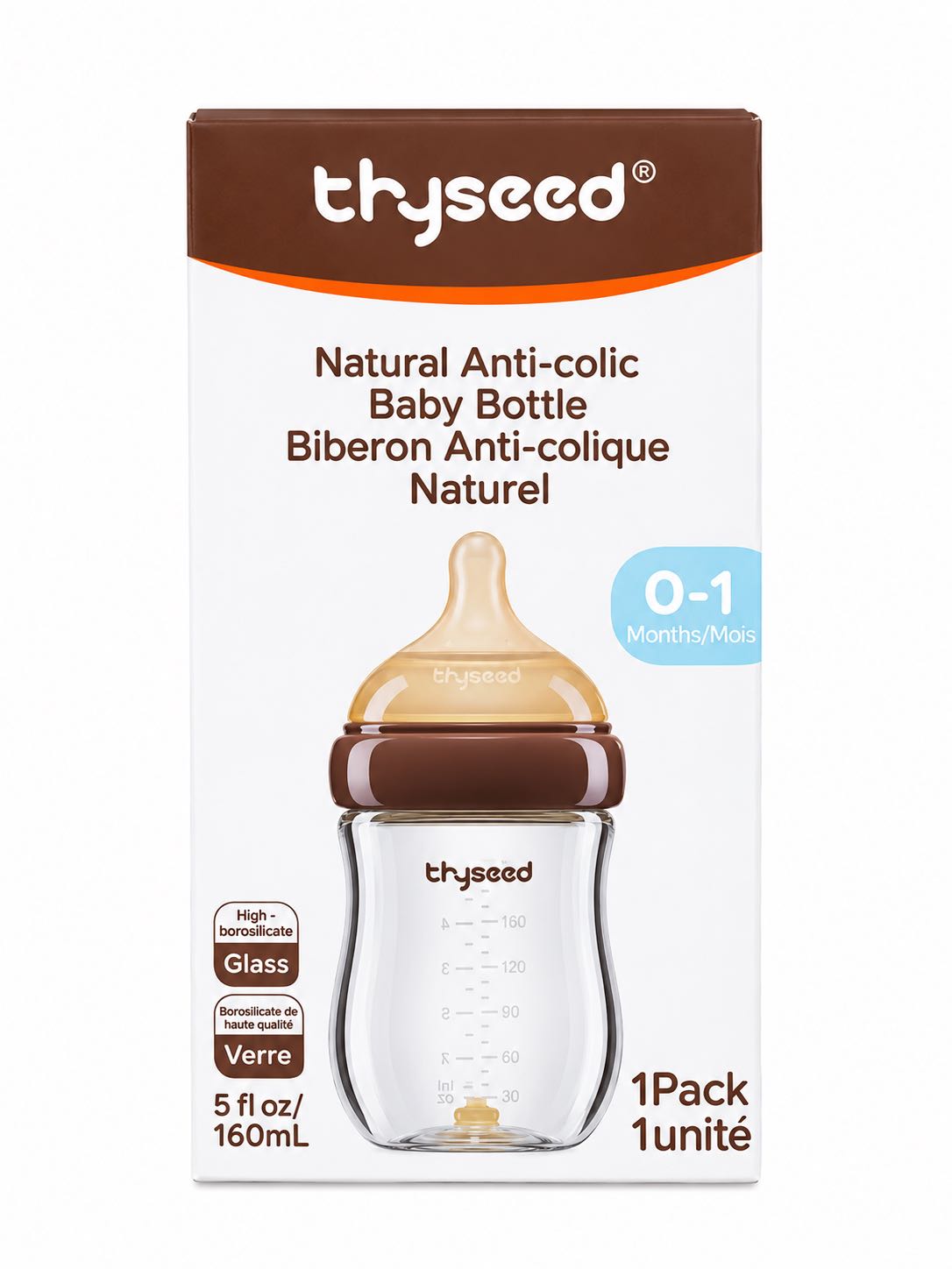 Стеклянная бутылочка Thyseed Natural Anti-colic 160 мл, соска 0–1 мес