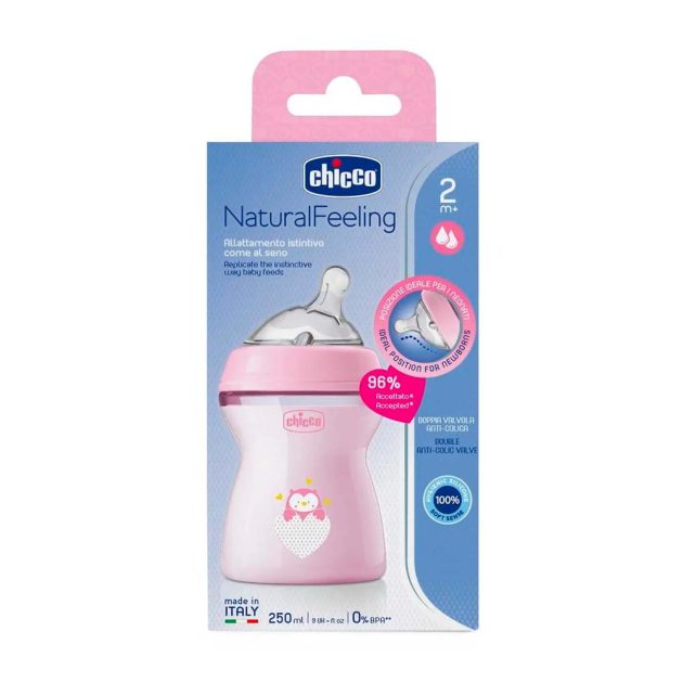 Бутылочка Chicco Natural Feeling 250 мл розовая средний поток 2м+