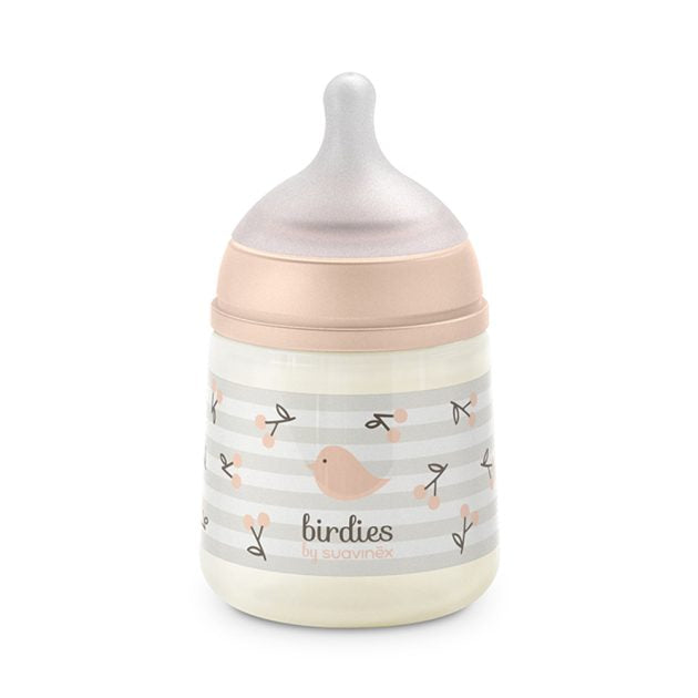 Бутылочка Suavinex Birdies 150 мл с анатомической соской 0M+ розовая