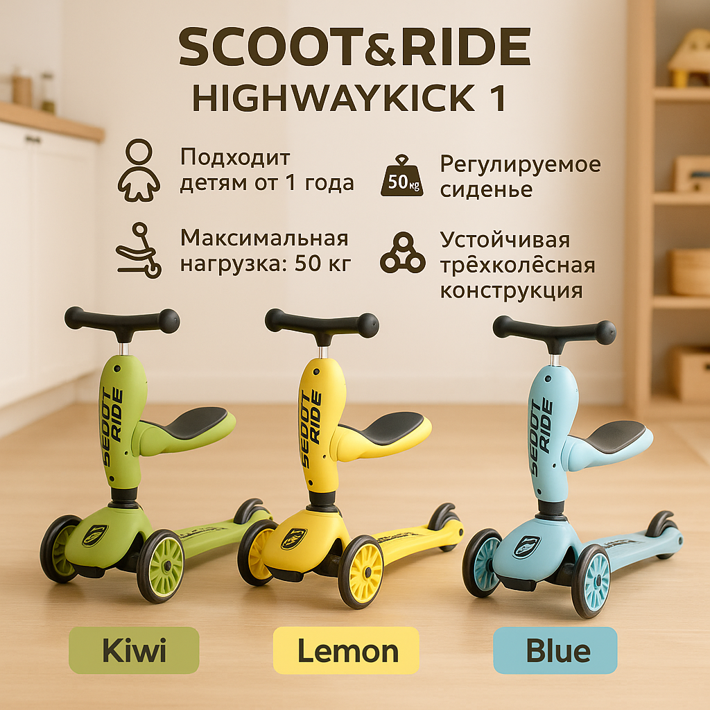Scoot&Ride HighwayKick 1 skuter-katalka, 50 kg gacha, o'rindiq va savat bilan