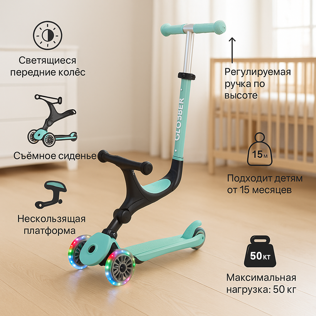 Globber Go Up Active Lights, 3v1, RGB g‘ildirakli samokat, 15 oy–9 yosh