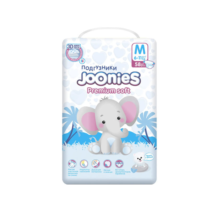 JOONIES Premium Soft M (6-11 kg) tagliklar, 58 dona