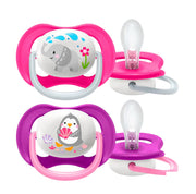 Пустышка Philips Avent Ultra Air 6-18 месяцев для девочек Слон Пингвин 2 шт