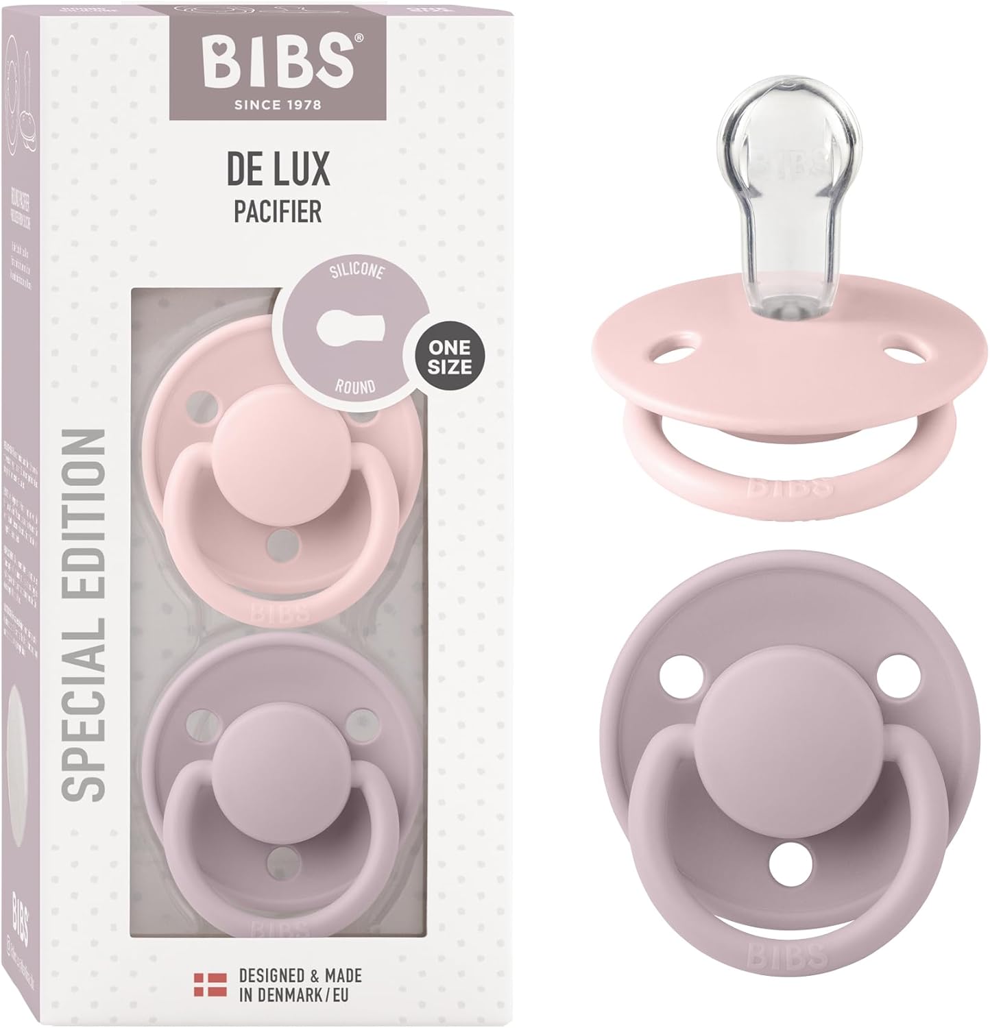 BIBS De Lux Universal nipellar 0–36 oy, lateks, Fossil Grey / Mov, 2 dona.