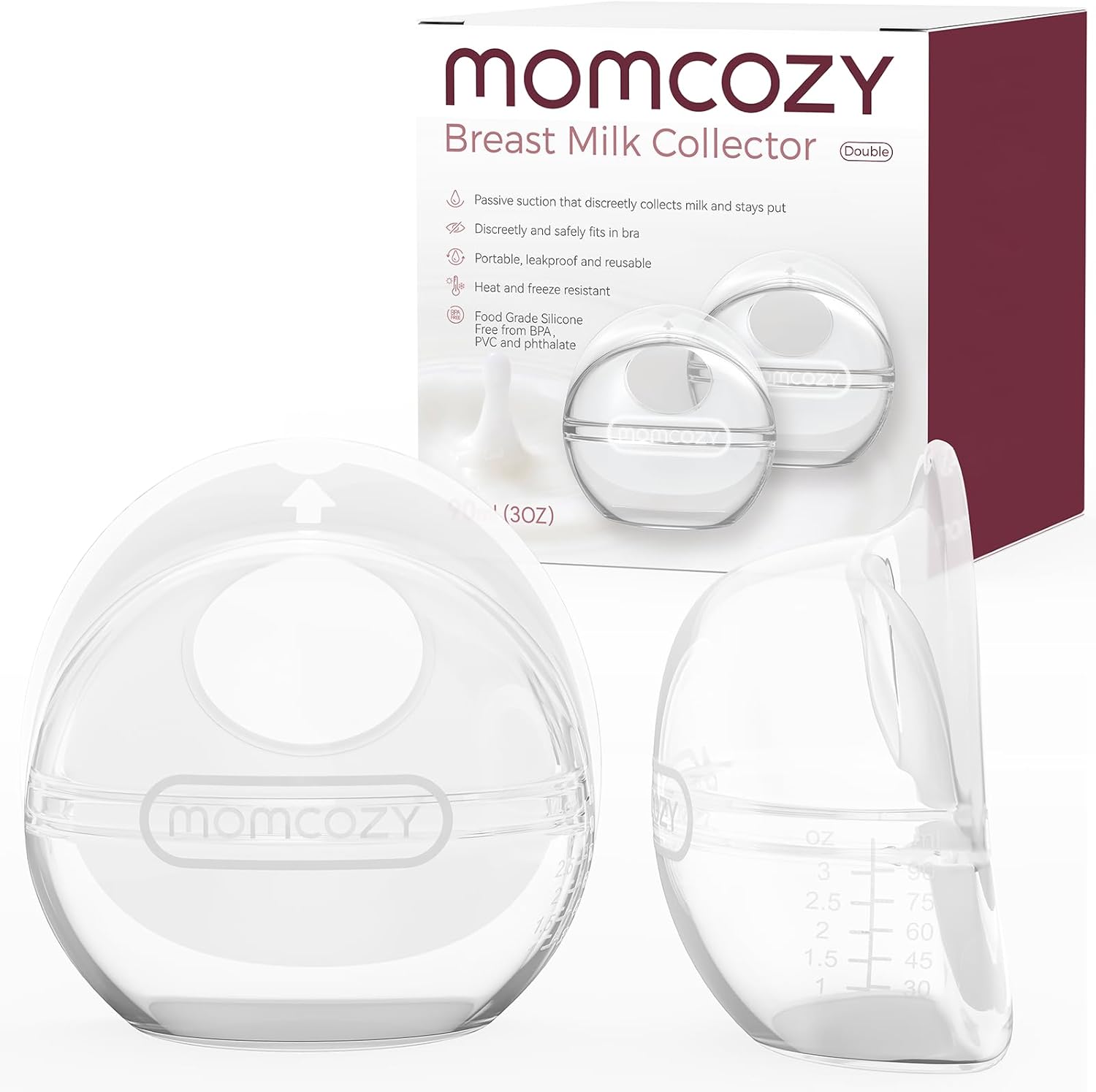 Momcozy ko'krak suti yig'uvchi, qayta ishlatiladigan silikon konteynerlar (90 ml, 1 dona)