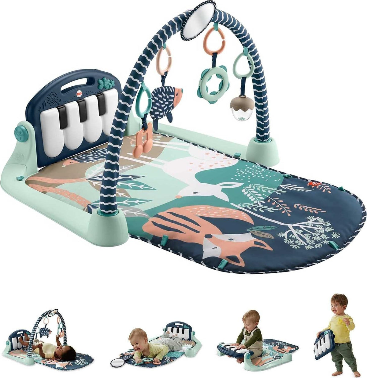 Fisher-Price Kick & Play Piano Gym Navy Fawn o'yin gilamchasi, pianino va osma o'yinchoqlar bilan