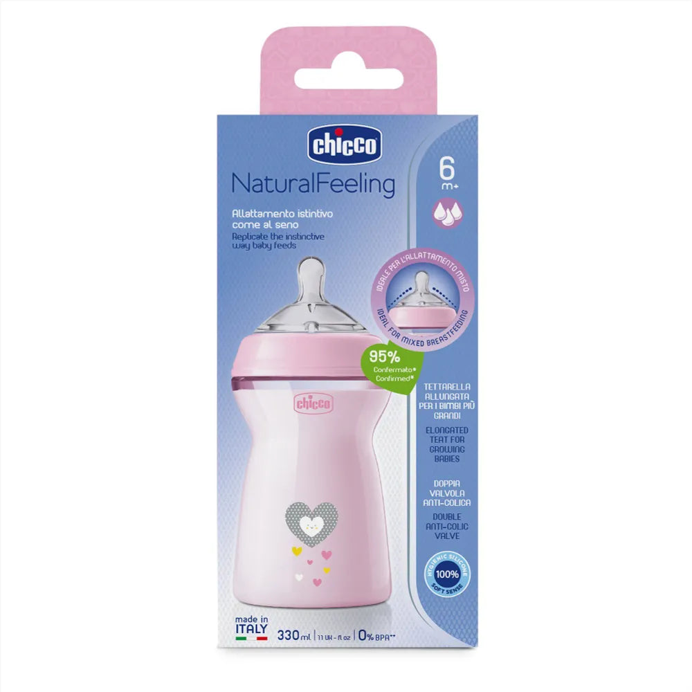 Chicco Natural Feeling bolalar butilkasi 330 ml, pushti rang, antikolik