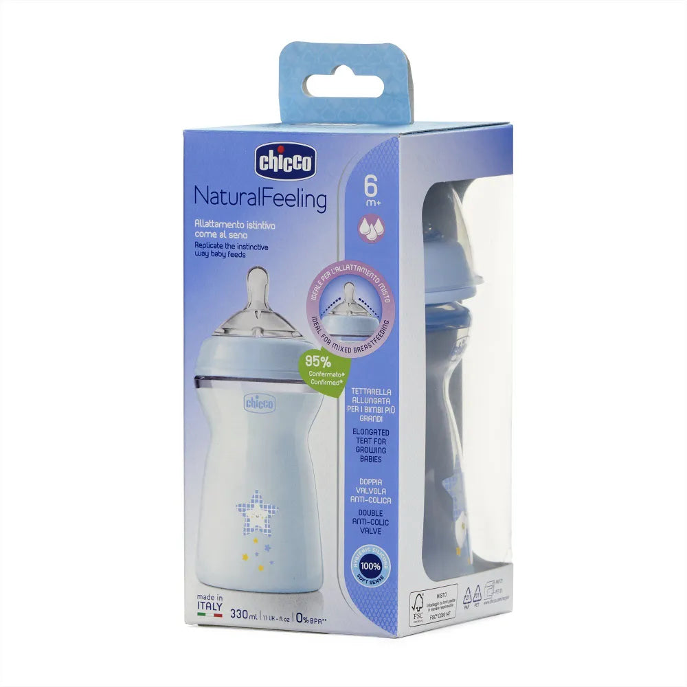 Chicco Natural Feeling butilkasi 330 ml, 6+ oylik bolalar uchun silikon so‘ska.