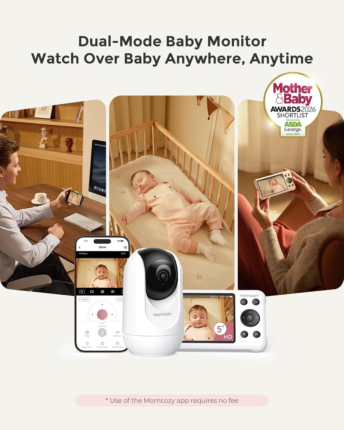 Momcozy smart WiFi video kuzatuvchi 1080P kamera, 5 dyuymli ekran, tungi koʻrish, 5000 mA/soat akkumulyator