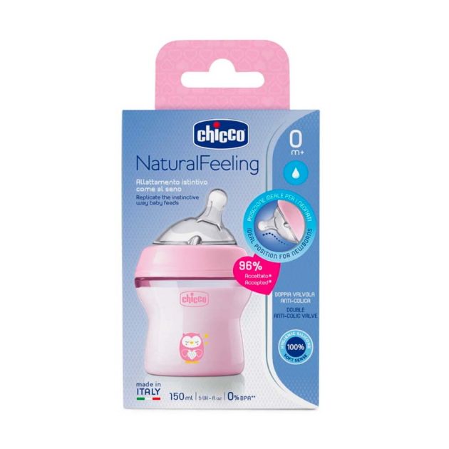 Бутылочка Chicco Natural Feeling 150 мл розовая медленный поток 0 месяцев