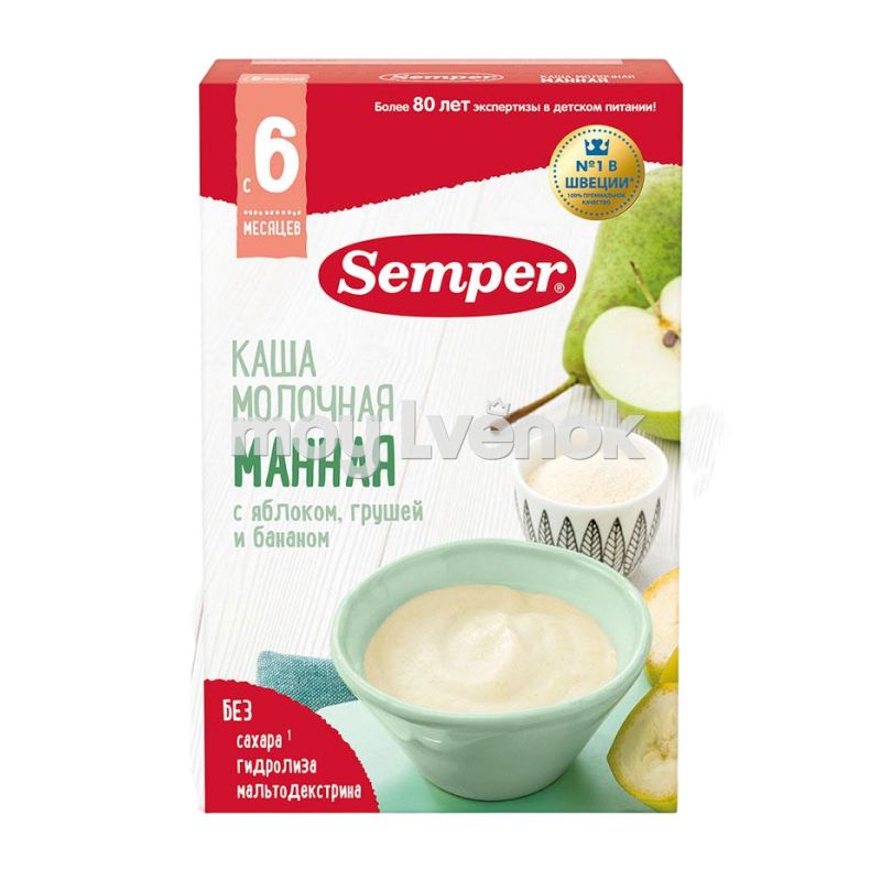 Каша Semper молочная манная яблоко груша банан 6м+ 180 гр
