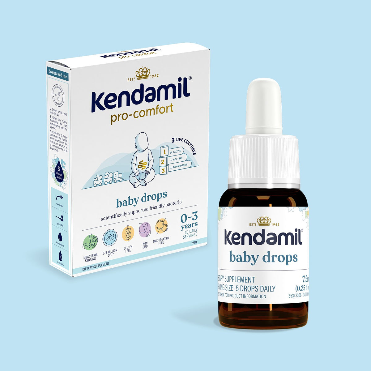 Kendamil Pro-Comfort Baby Drops: quti va pipetkali 7,5 ml flakon