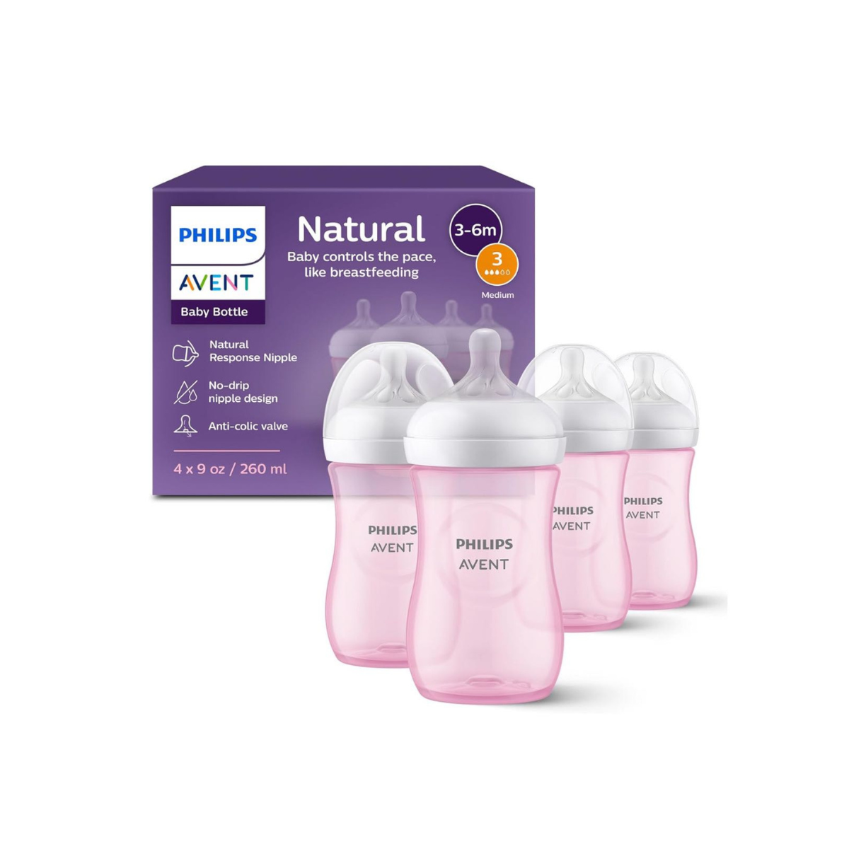 Бутылочка Philips Avent Natural 260 мл розовая антиколиковая