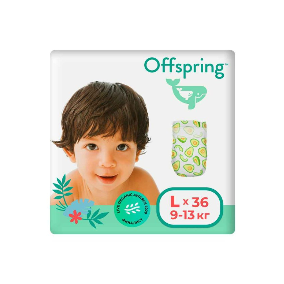 Подгузники Offspring L (9-13 кг) 36 шт принт Avocado эко