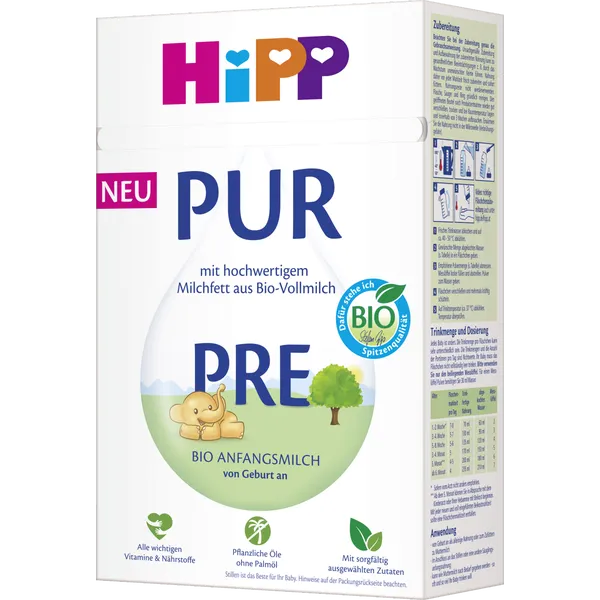 HiPP PRE PUR sut aralashmasi 500 g, tug'ilgandan, palma yog'isiz