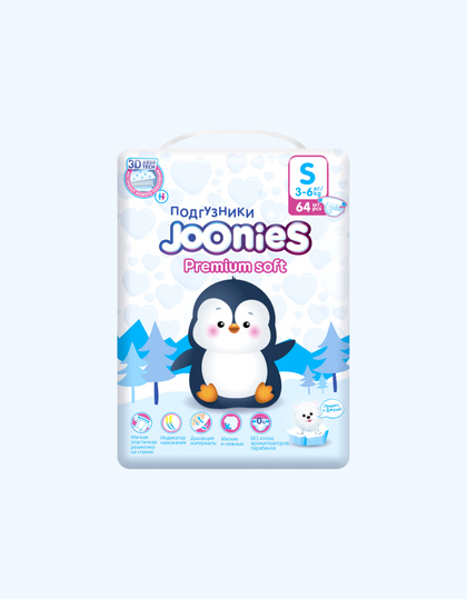 Подгузники JOONIES Premium Soft S (3-6 кг), 64 шт