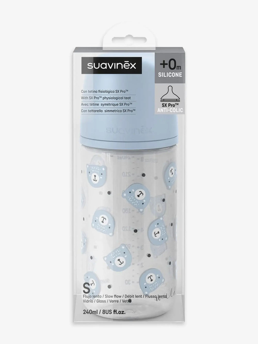 Бутылочка Suavinex Wild стеклянная 240 мл голубая с ручкой