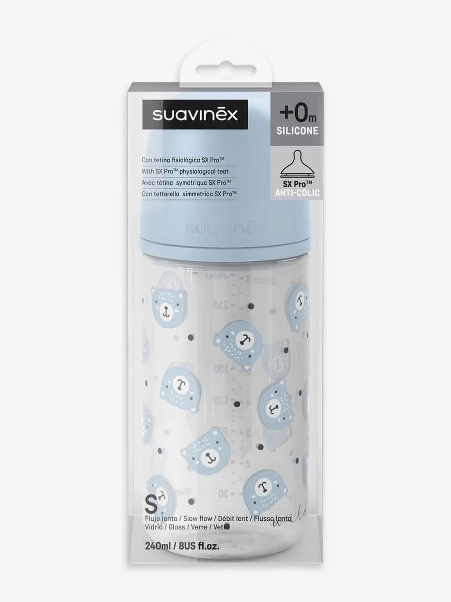 Бутылочка Suavinex Wild стеклянная 240 мл голубая с ручкой