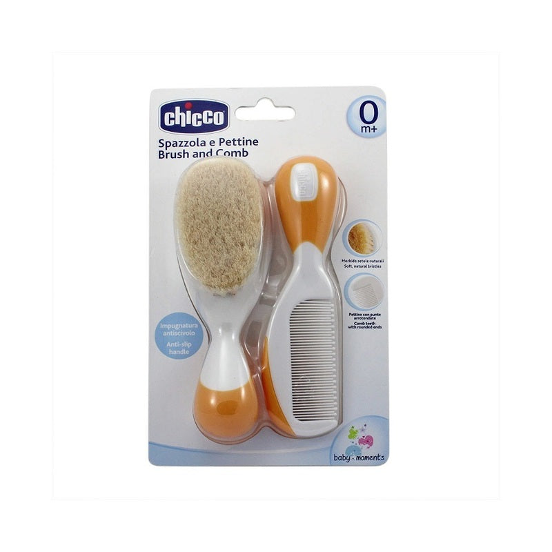 Расческа и щетка Chicco натуральная оранжевая для новорождённых 0м+