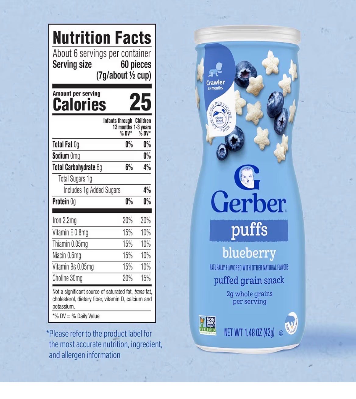 Gerber Puffs qora mevali 42 g, 8 oydan gazak, og'izda eriydi