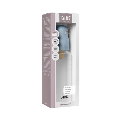 BIBS Round Baby Blue plastik butilkasi 270 ml, Medium Flow lateks nipelli