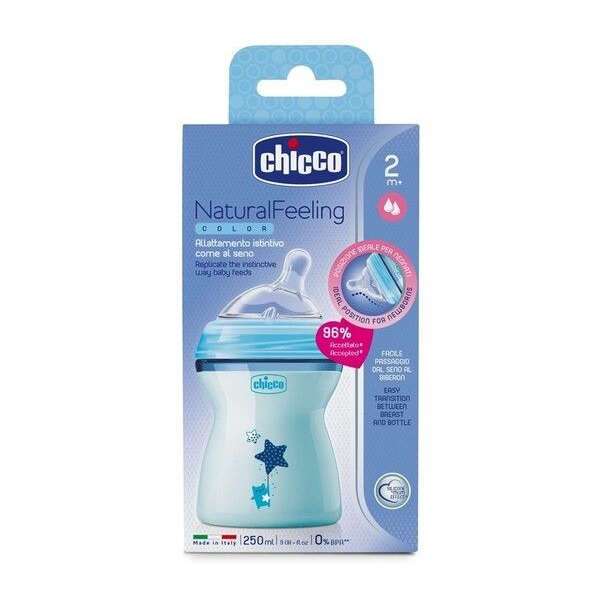 Бутылочка Chicco Natural Feeling 250 мл средний поток голубая 2м+