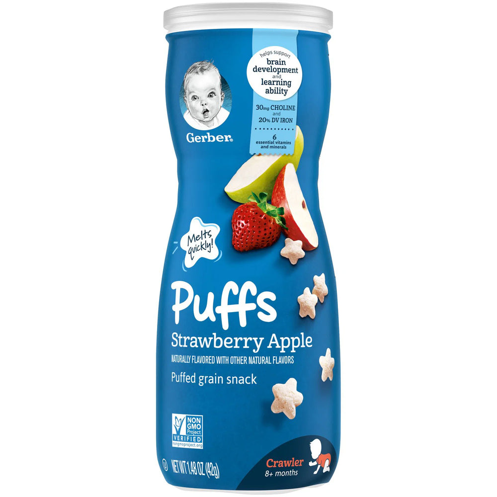 Bolalar donli sneklari Gerber Puffs banan va qulupnay-olma, 8+ oy