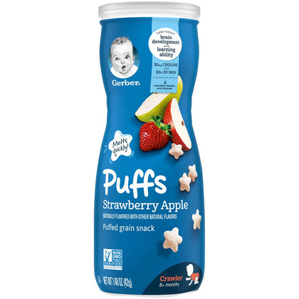 Детские злаковые снеки Gerber Puffs банан и клубника-яблоко, 8+ мес