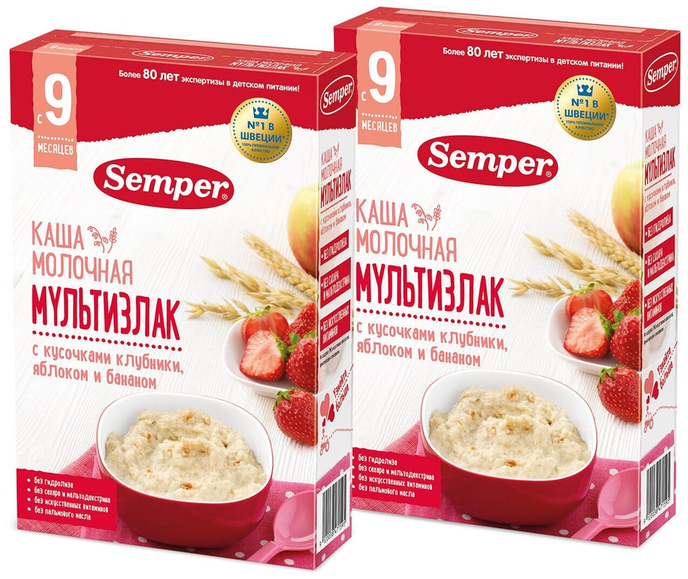 Semper sutli ko'p donli bo'tqa, qulupnay, olma, banan, 9 oylikdan, 180 gr
